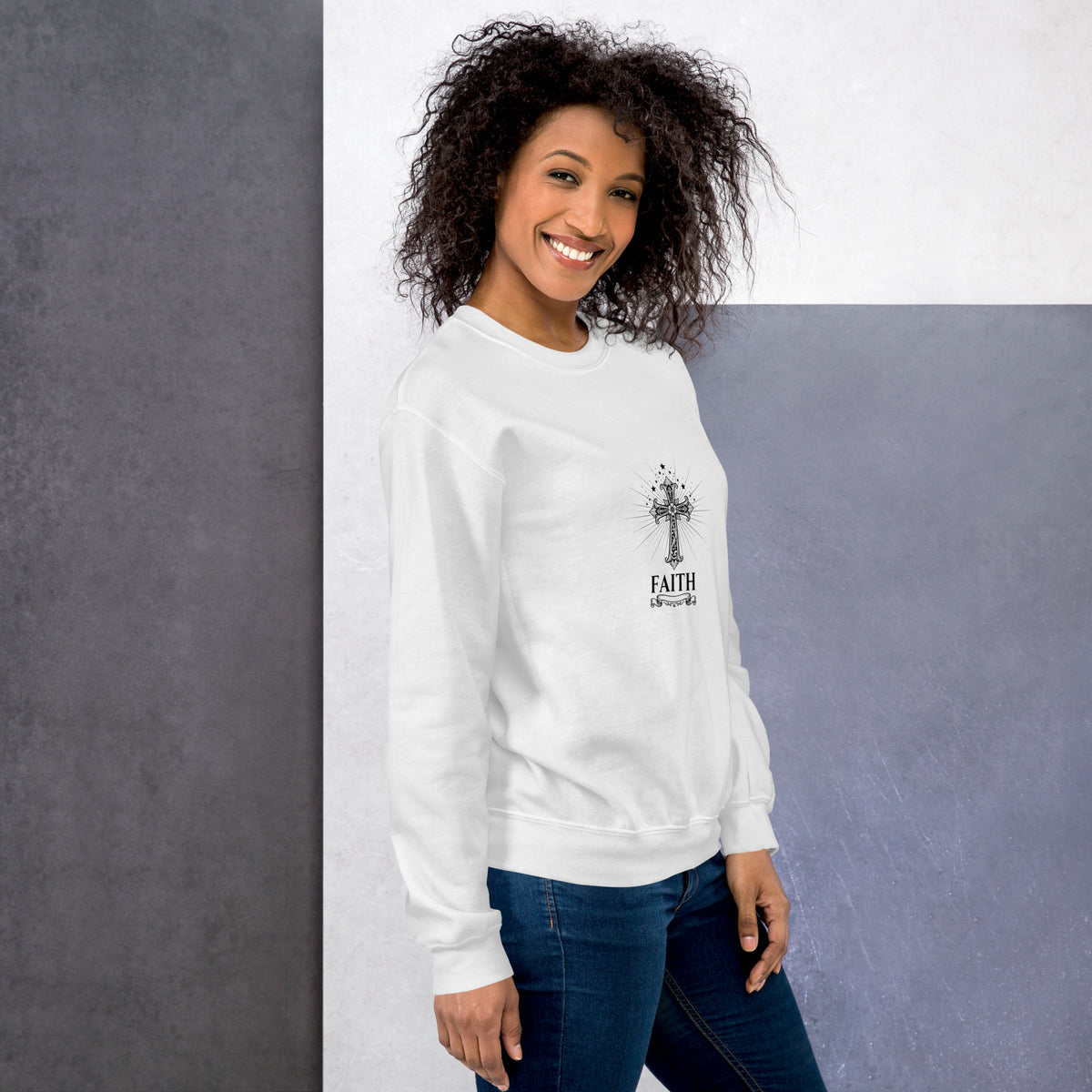 White unisex crew-neck sweatshirt with graphic print from Tristan's Outlet, casual and comfortable for everyday wear.