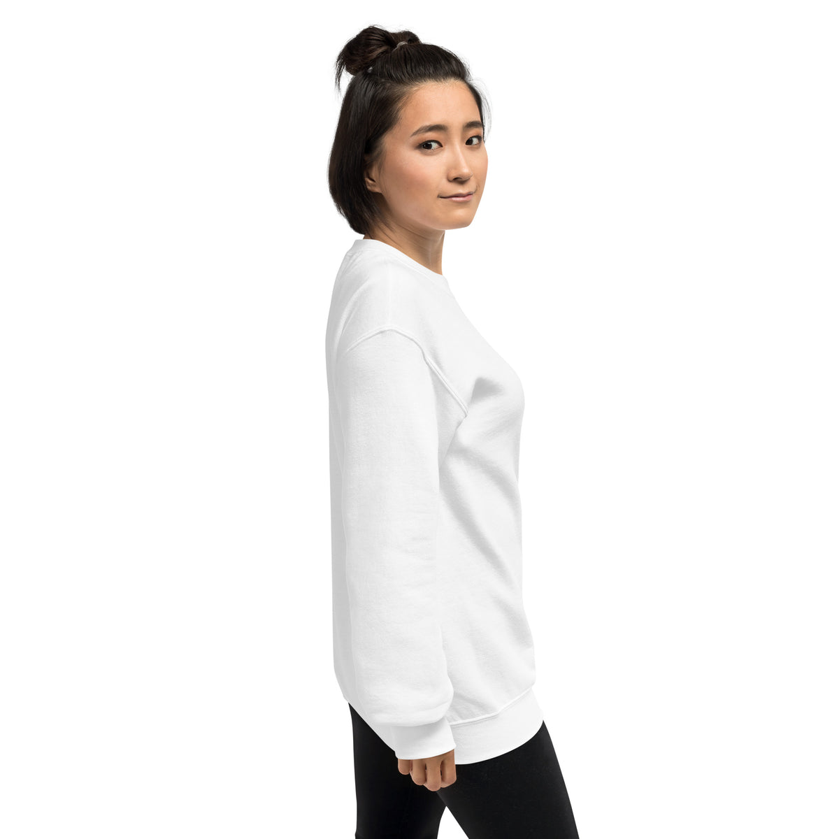 White unisex crew-neck sweatshirt with graphic print from Tristan's Outlet, casual and comfortable for everyday wear.