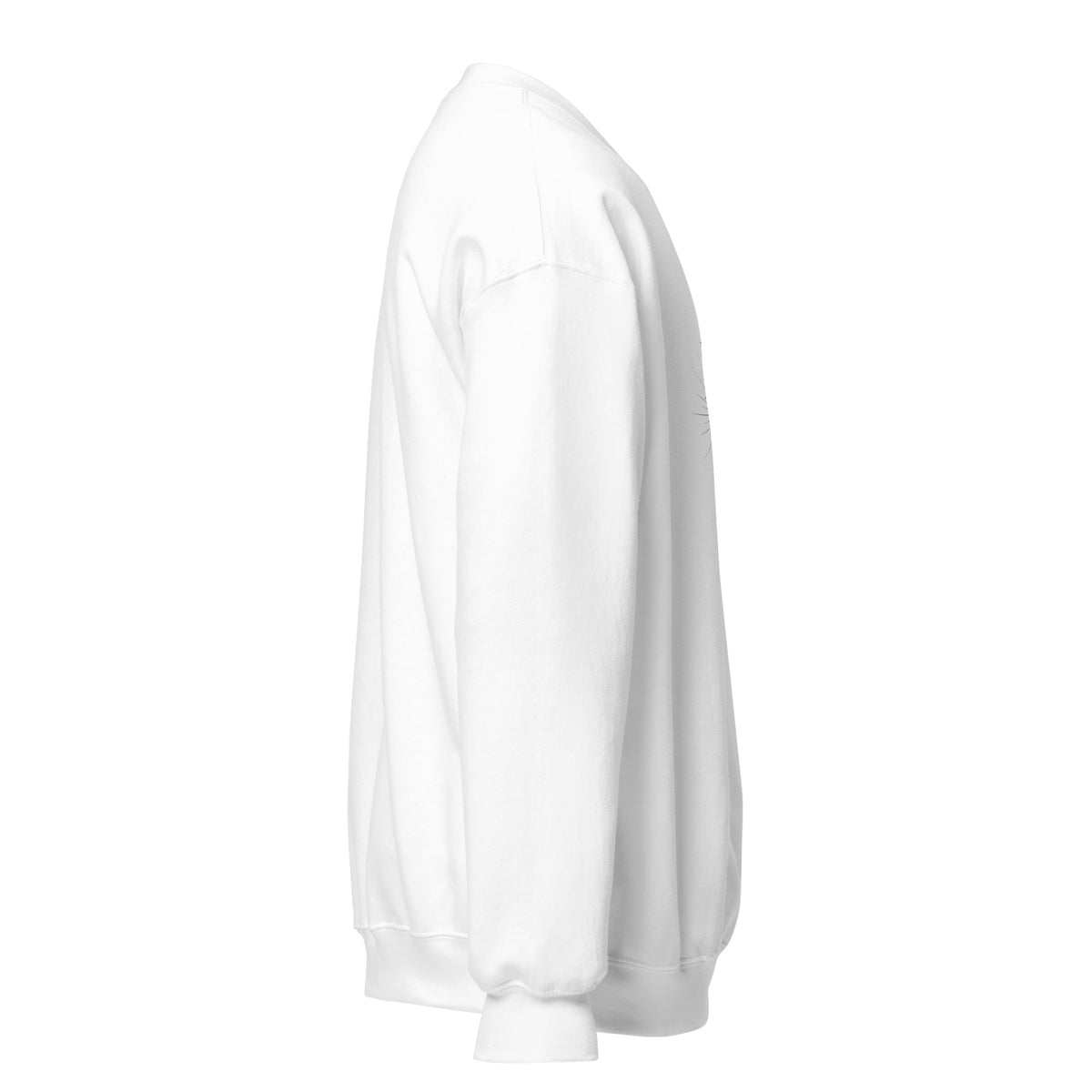 White unisex crew-neck sweatshirt with graphic print from Tristan's Outlet, displayed on a flat background.
