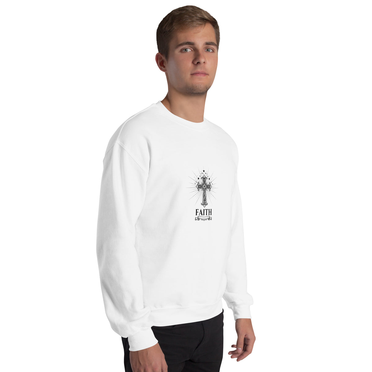 White unisex crew-neck sweatshirt with graphic print from Tristan's Outlet, shown from the right front side.