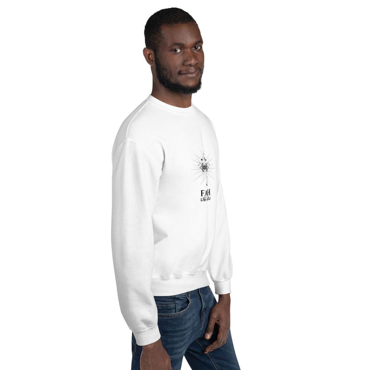 White unisex crew-neck sweatshirt with graphic print from Tristan's Outlet, shown from the right front angle.