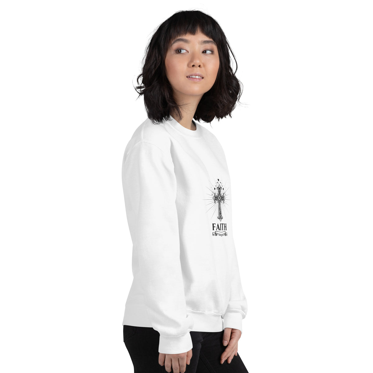 White unisex crew-neck sweatshirt with graphic print from Tristan's Outlet, shown from the right front view.