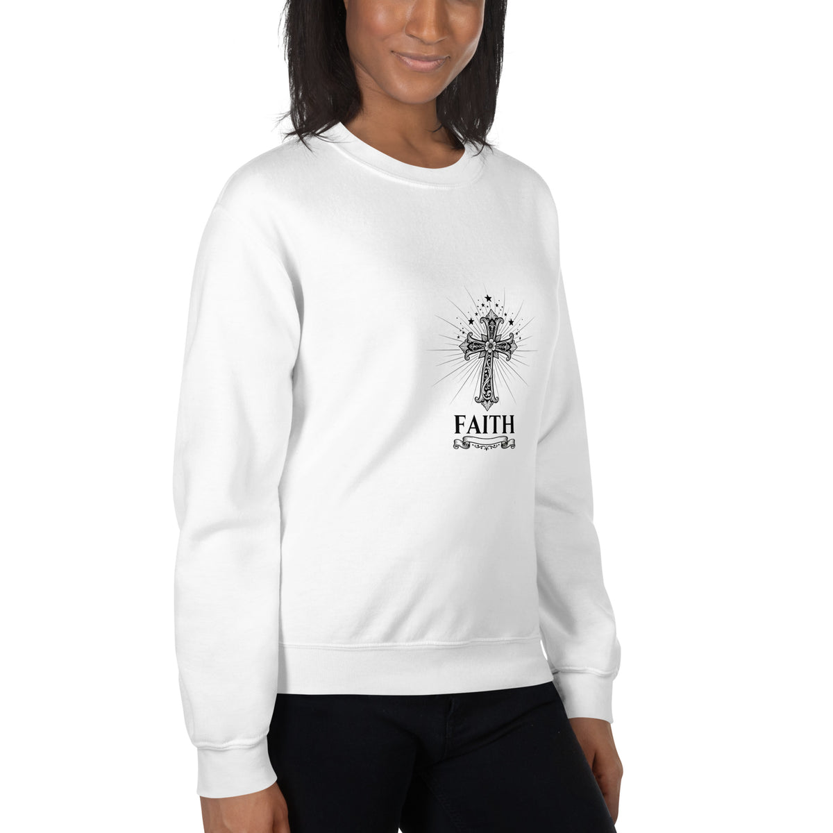 White unisex crew-neck sweatshirt with graphic print from Tristan's Outlet, front view showing the design and fit.