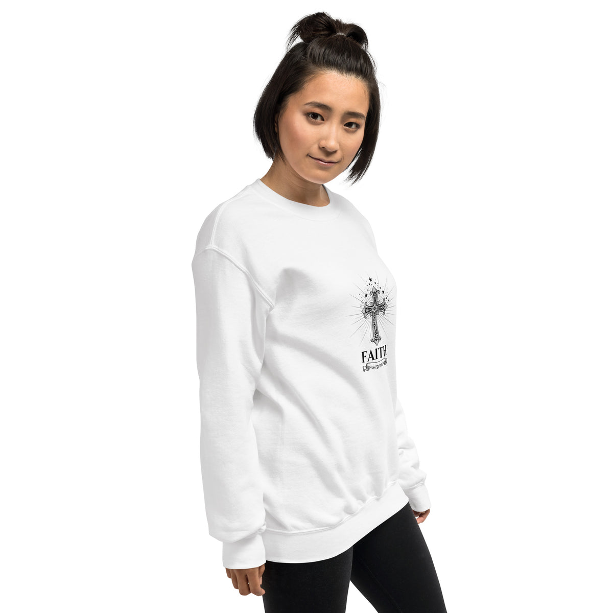 White unisex crew-neck sweatshirt with graphic print from Tristan's Outlet, shown from the right front angle.