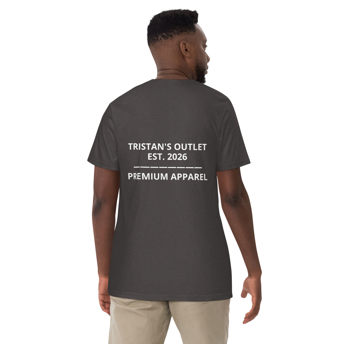 Unisex Tristan's Outlet Signature Tee in graphite, heavy-weight garment-dyed T-shirt shown from the back.