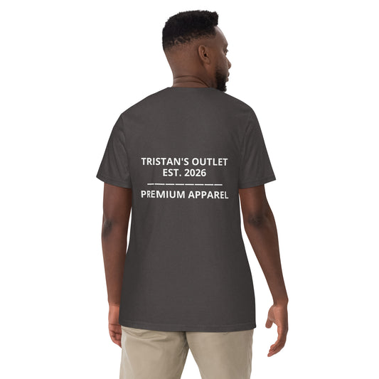 Unisex Tristan's Outlet Signature Tee in graphite, heavy-weight garment-dyed T-shirt shown from the back.