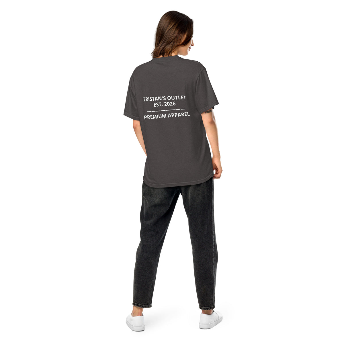 Unisex graphite heavyweight T-shirt from Tristan's Outlet Signature Tee collection, garment-dyed for a soft, vintage look.