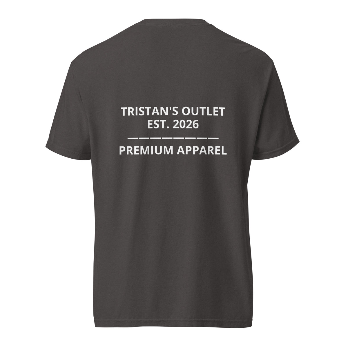 Unisex graphite Tristan's Outlet Signature Tee, heavy-weight garment-dyed T-shirt with back view, casual and comfortable style.