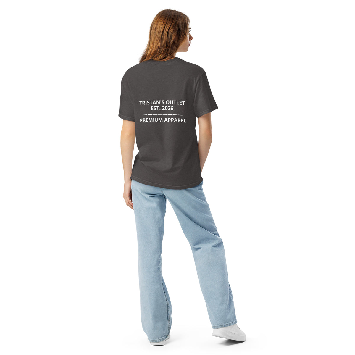 Unisex graphite Tristan's Outlet Signature Tee, garment-dyed heavyweight T-shirt with a back design, casual and stylish.