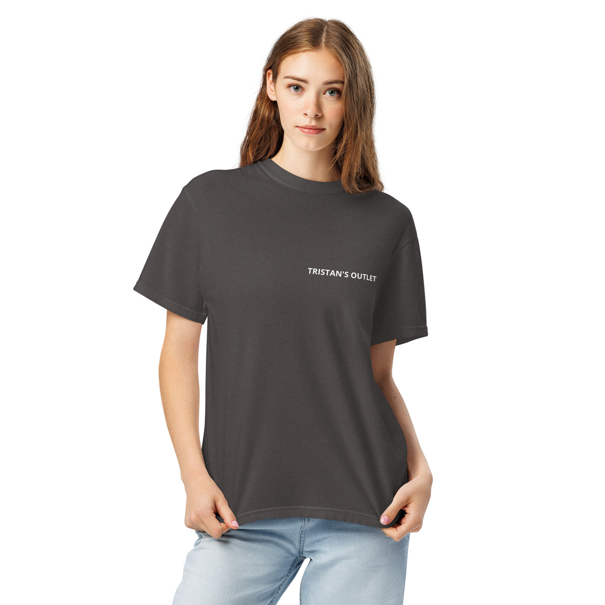 Unisex graphite garment-dyed heavyweight T-shirt from Tristan's Outlet with a front view, soft fabric and casual fit.