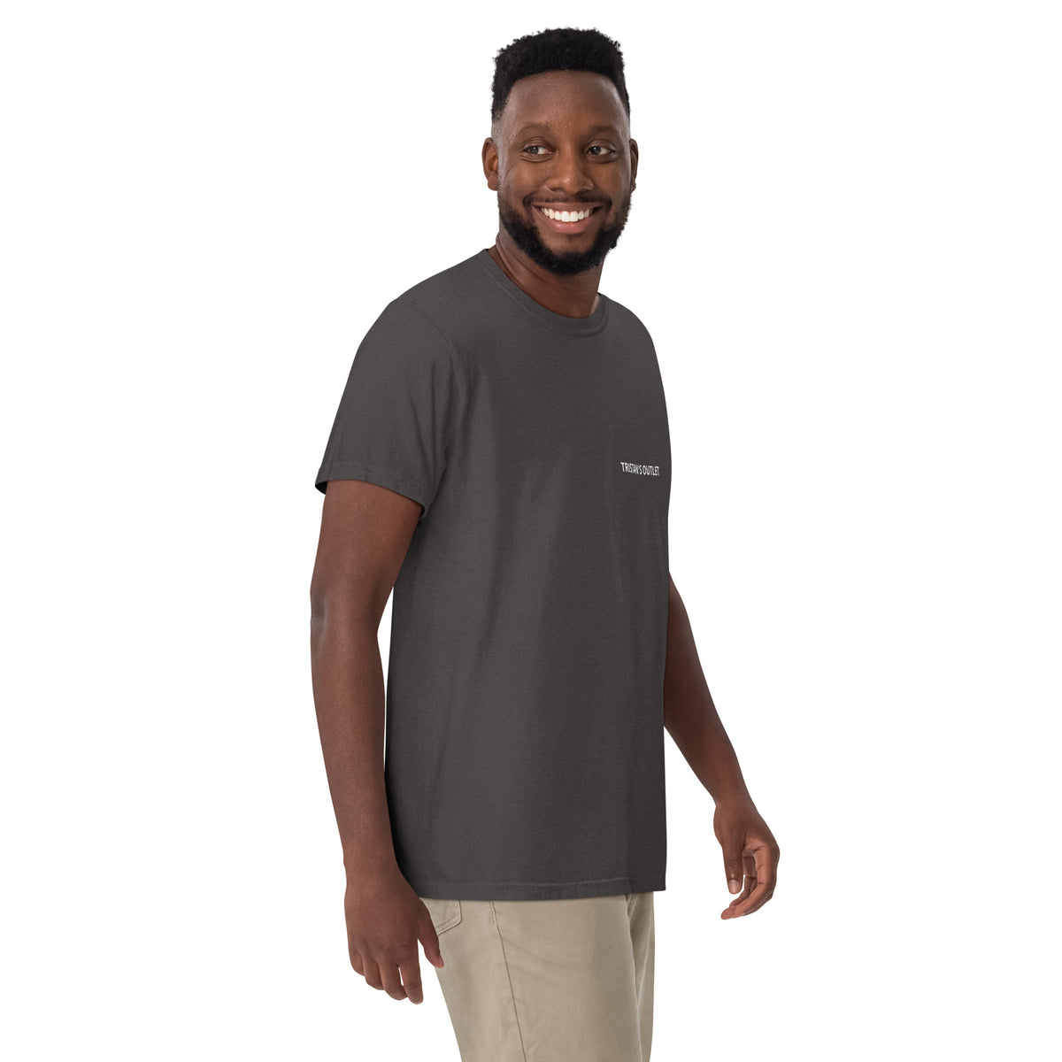 Unisex graphite Tristan's Outlet Signature Tee, a heavyweight garment-dyed T-shirt with a front view, casual and durable style.