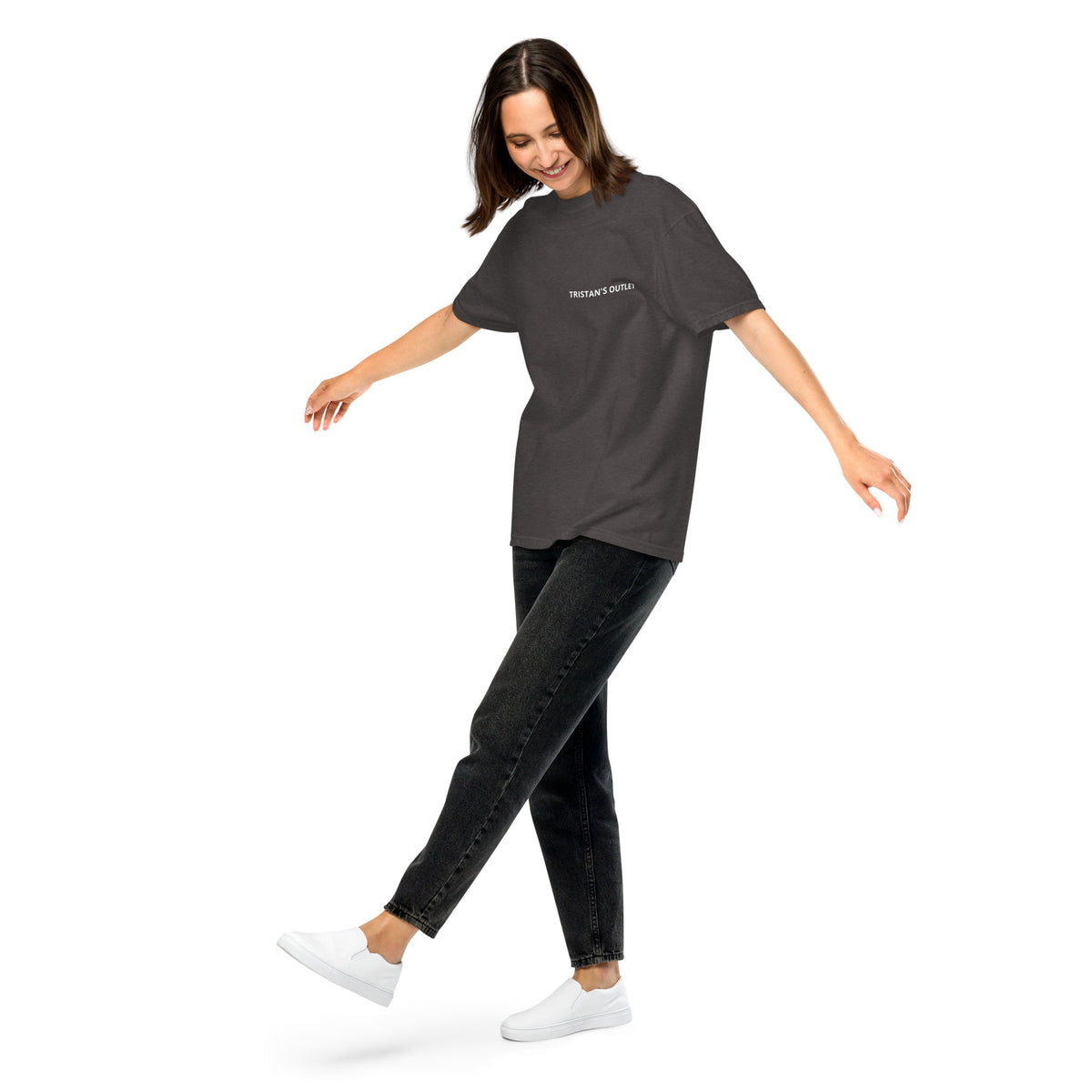 Unisex graphite Tristan's Outlet Signature Tee, garment-dyed heavyweight T-shirt with a front view and casual fit.