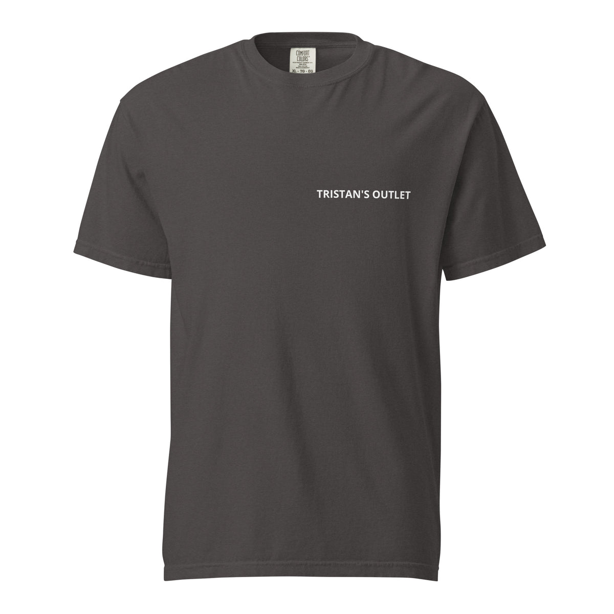 Unisex graphite garment-dyed heavyweight Tristan's Outlet Signature Tee, front view showcasing soft, durable fabric and classic fit.