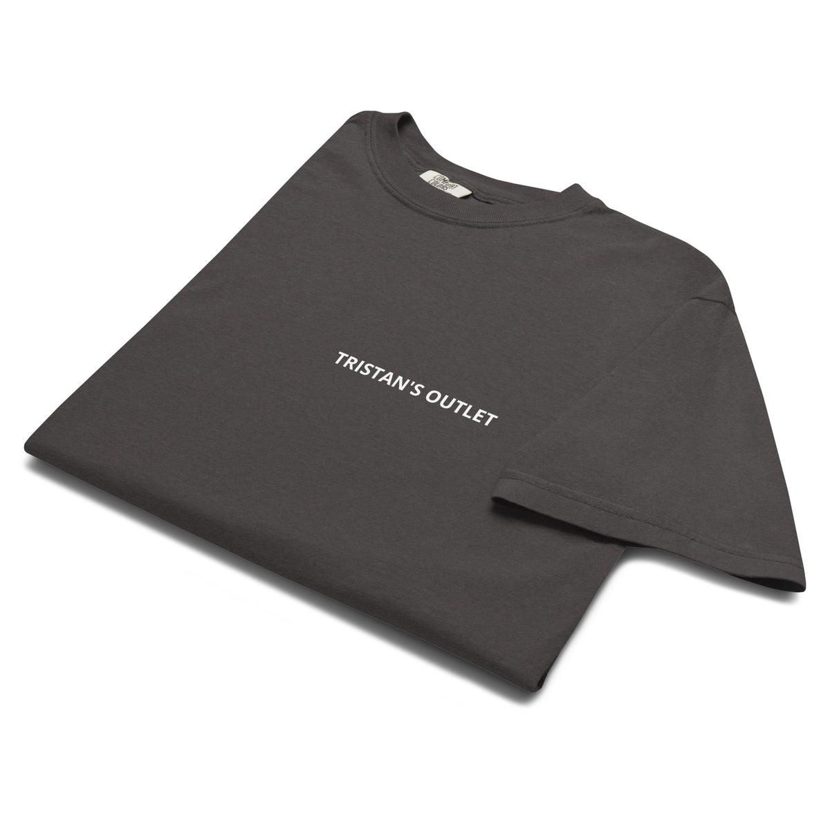Unisex Tristan's Outlet Signature Tee in graphite, heavyweight garment-dyed T-shirt with a front view.