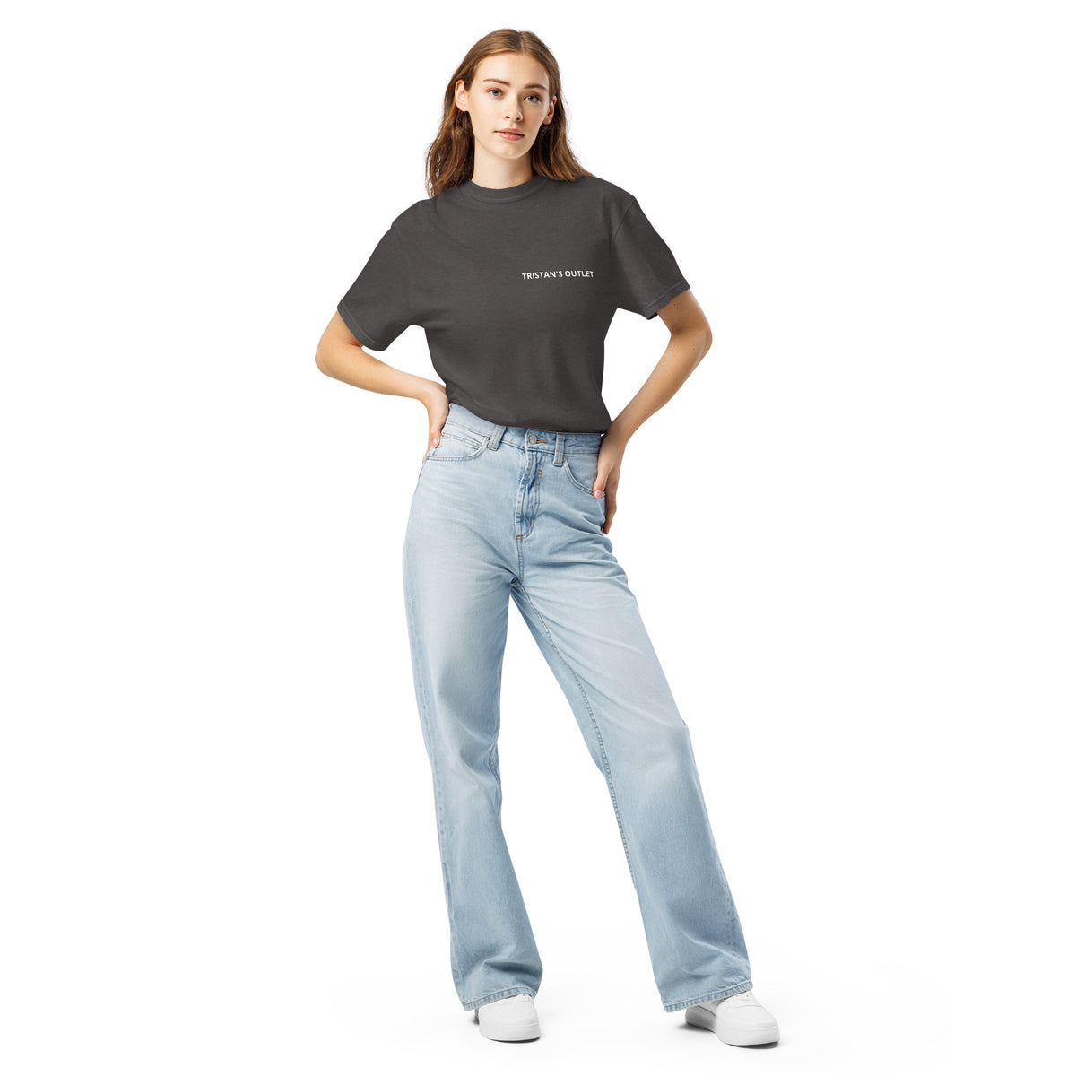 Unisex graphite Tristan's Outlet Signature Tee, a garment-dyed heavyweight T-shirt with a front view, casual and comfortable.