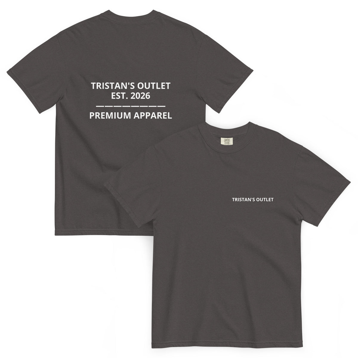 Unisex graphite heavyweight T-shirt from Tristan's Outlet with garment-dyed finish, shown front and back.