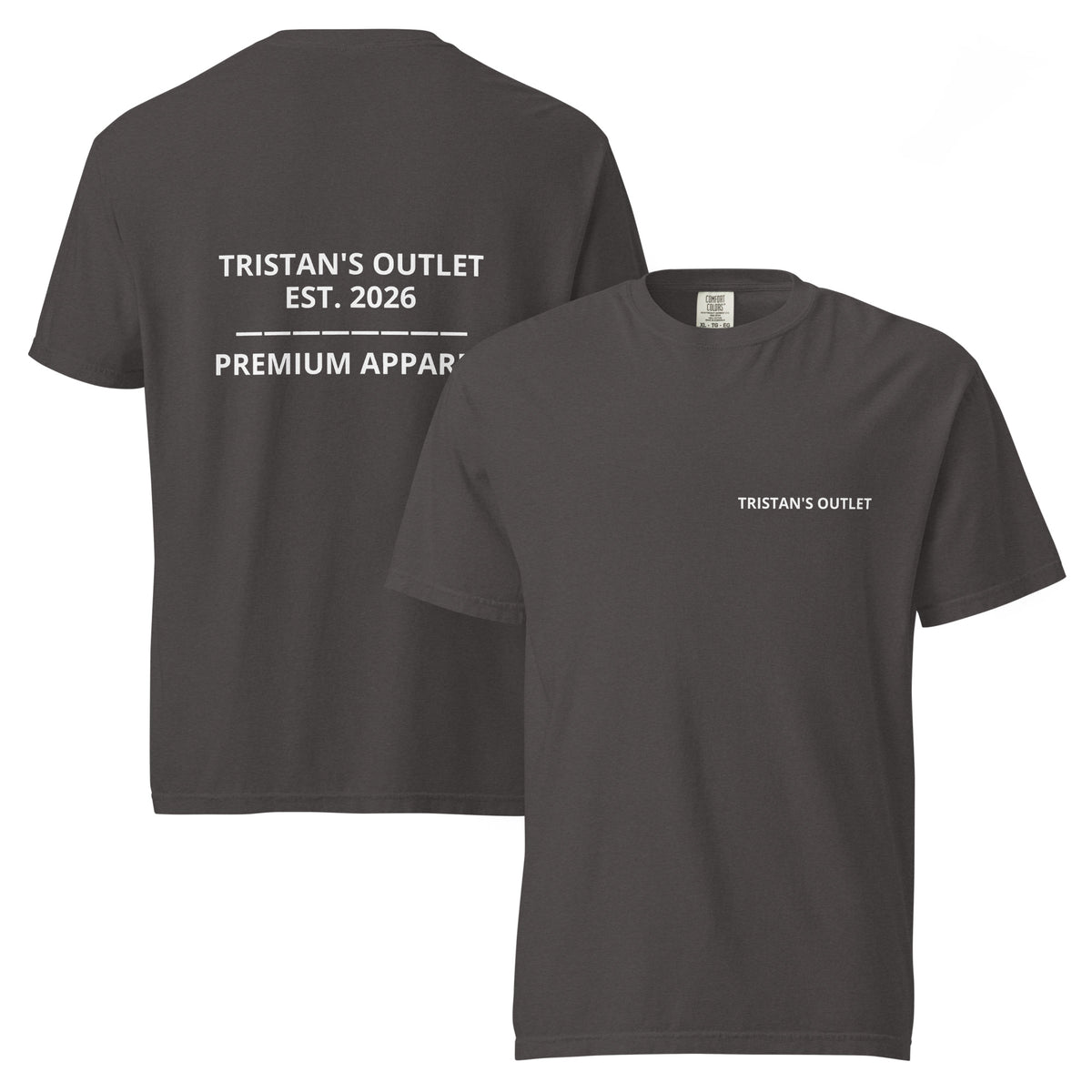 Unisex graphite garment-dyed heavyweight T-shirt from Tristan's Outlet, front and back view.