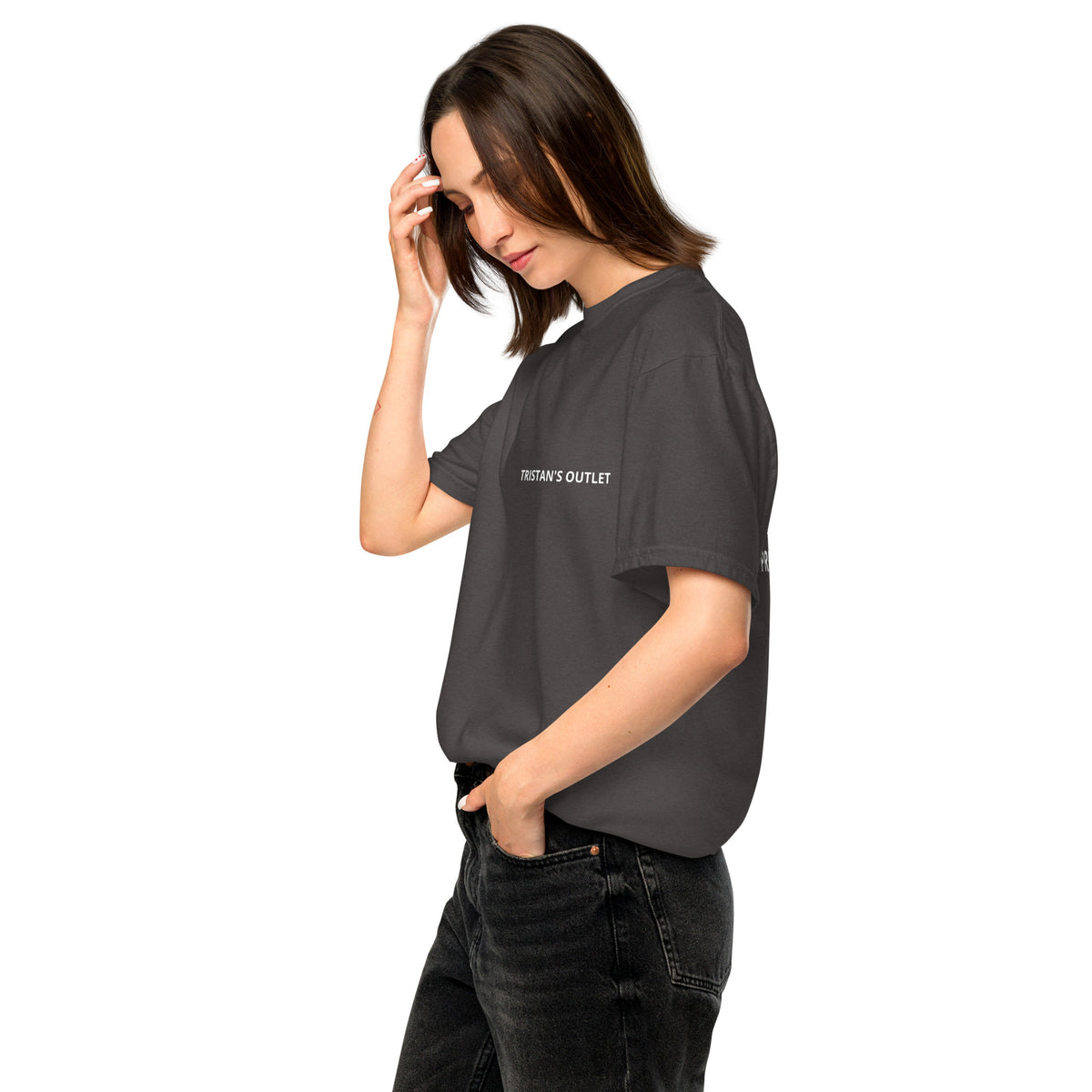 Unisex graphite Tristan's Outlet Signature Tee, a garment-dyed heavyweight T-shirt with a classic fit and soft textured fabric.