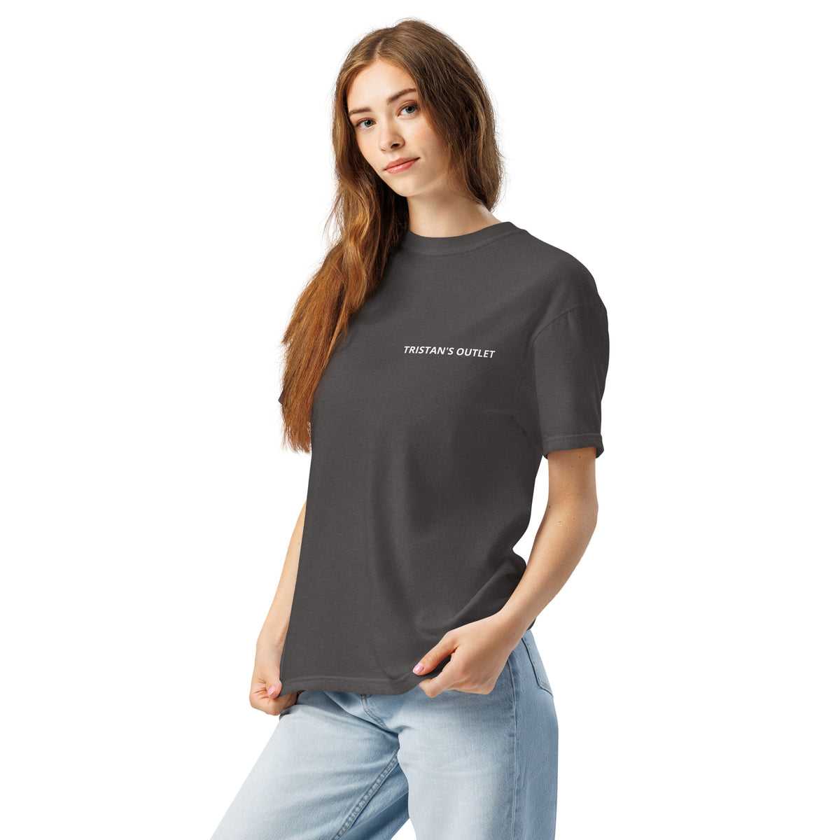 Unisex graphite garment-dyed heavyweight T-shirt from Tristan's Outlet, front left view showcasing soft fabric and classic fit.