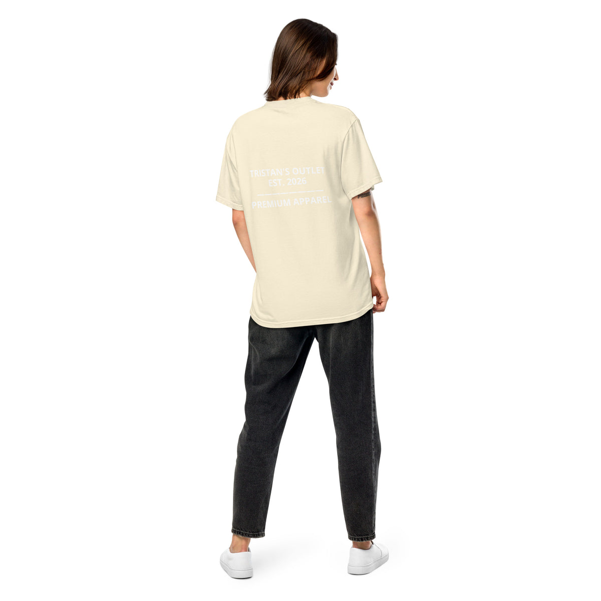 Unisex Tristan's Outlet Signature Tee in ivory, heavy-weight garment-dyed T-shirt with back view showing soft, durable fabric.