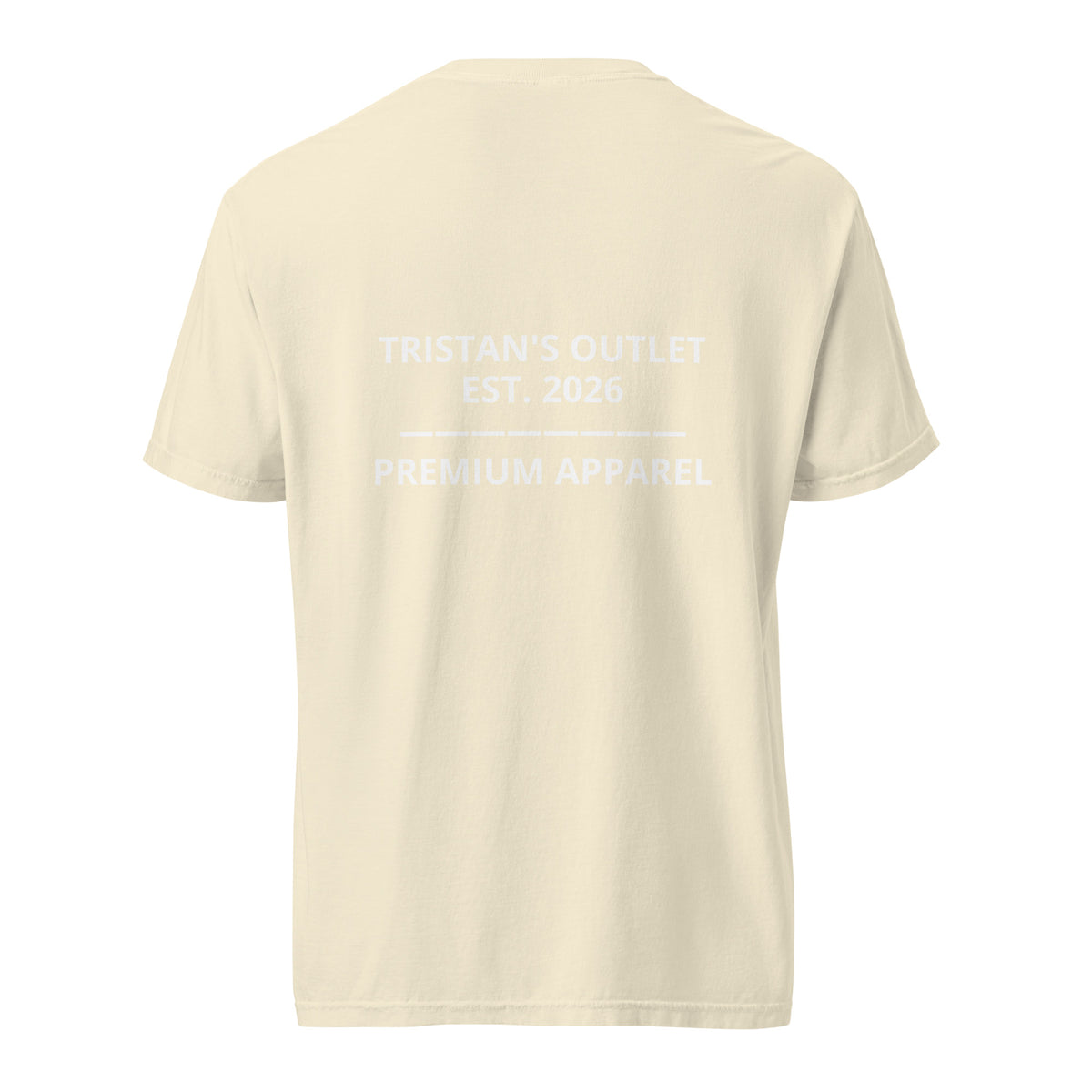 Unisex garment-dyed heavyweight ivory T-shirt by Tristan's Outlet, shown from the back with a relaxed fit.