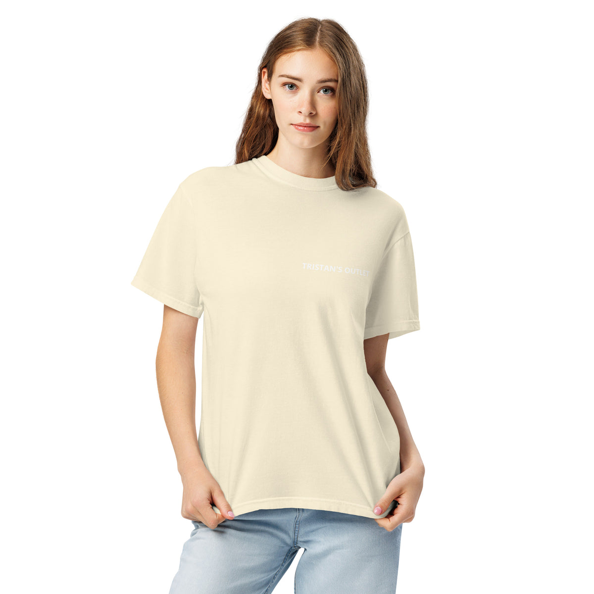 Unisex Tristan's Outlet Signature Tee in ivory, heavyweight garment-dyed T-shirt with a front view.