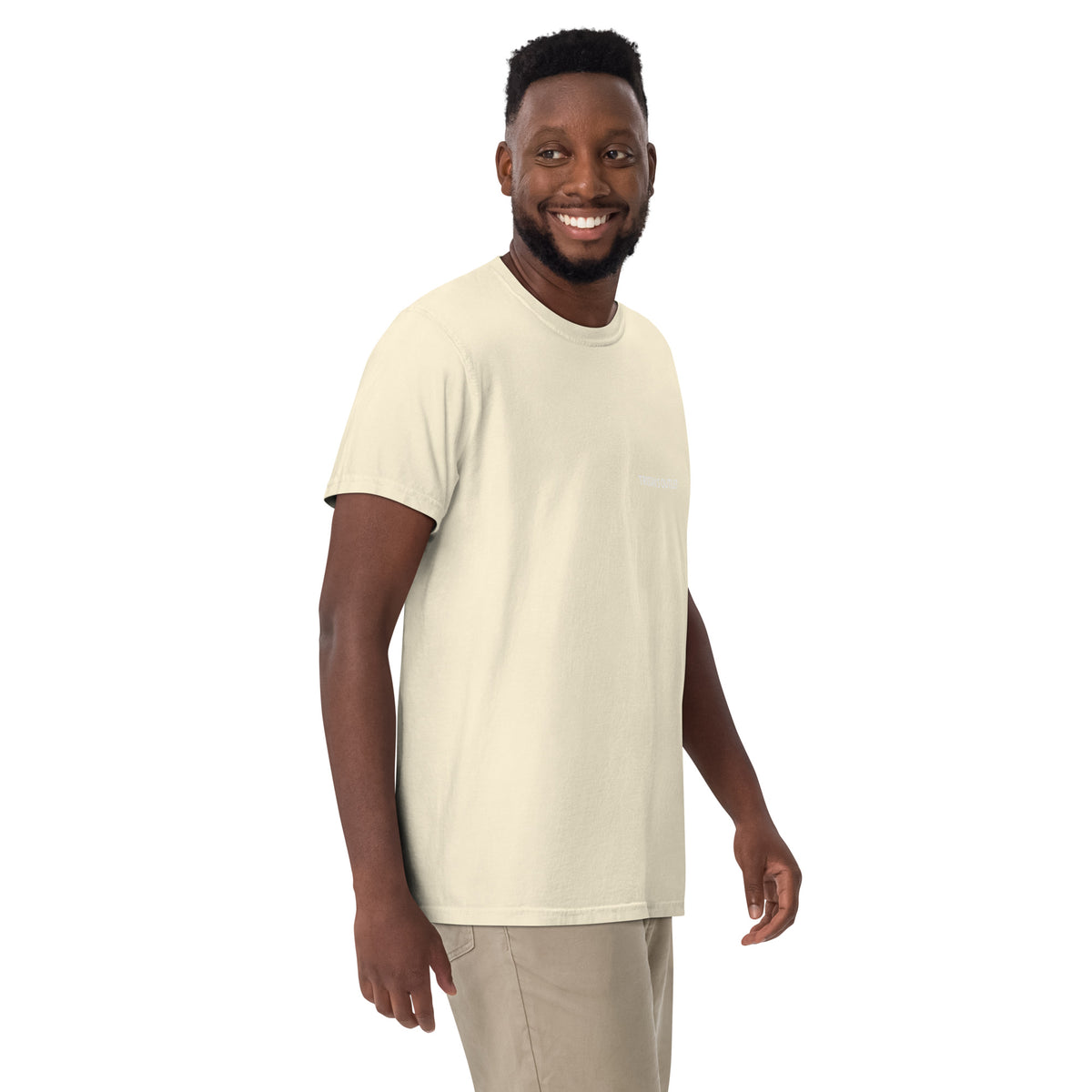 Unisex Tristan's Outlet Signature heavy-weight T-shirt in ivory, garment-dyed fabric, front view showcasing classic fit and soft texture