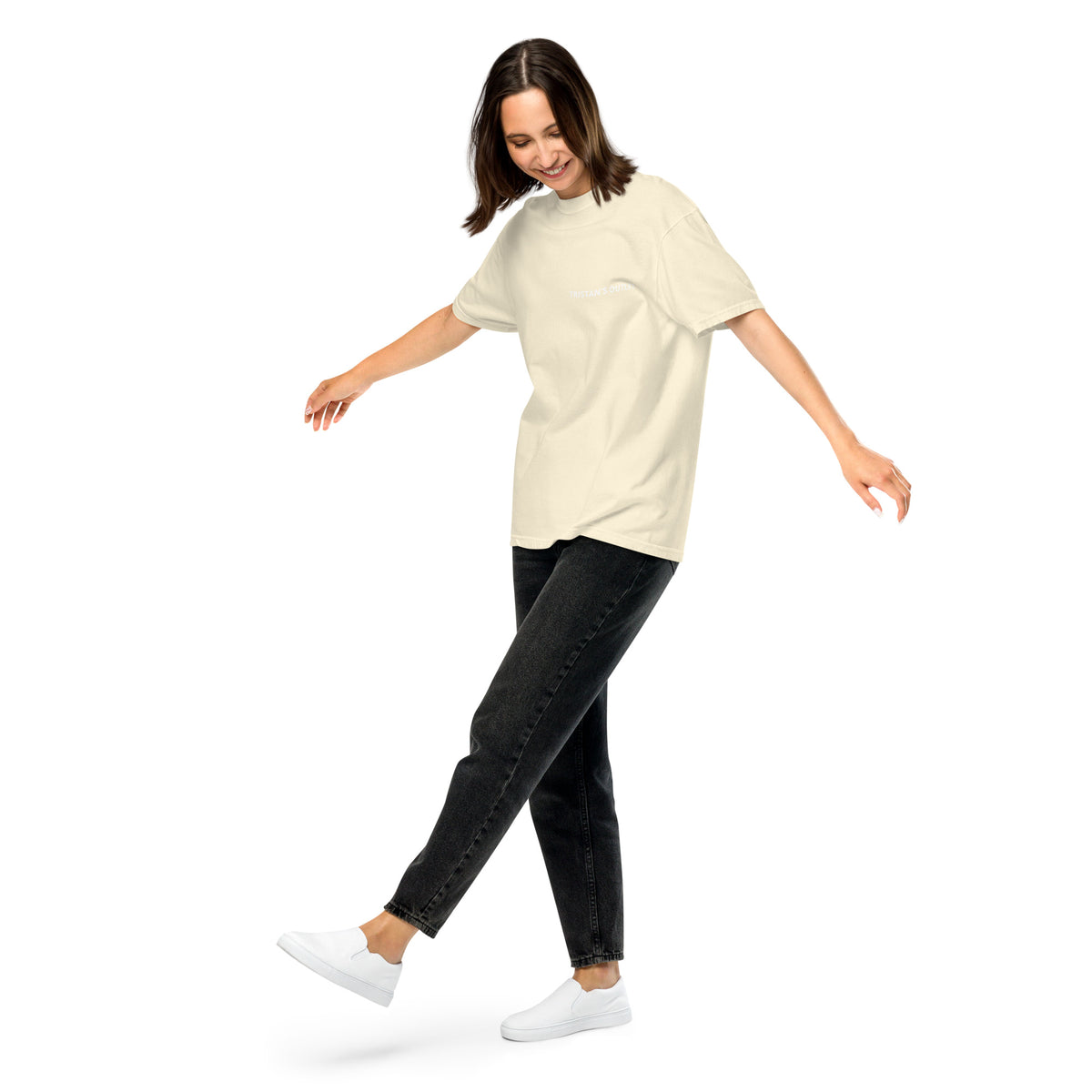 Unisex Tristan's Outlet Signature Tee in ivory, garment-dyed heavyweight cotton, front view showing classic t-shirt fit and fabric texture.