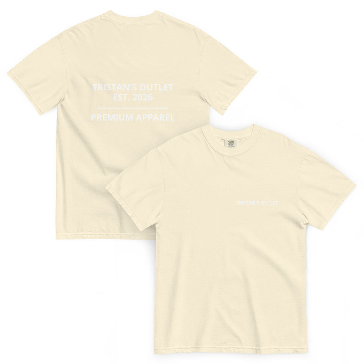 Unisex Tristan's Outlet Signature T-Shirt in ivory, front and back view, made from heavyweight, garment-dyed fabric.