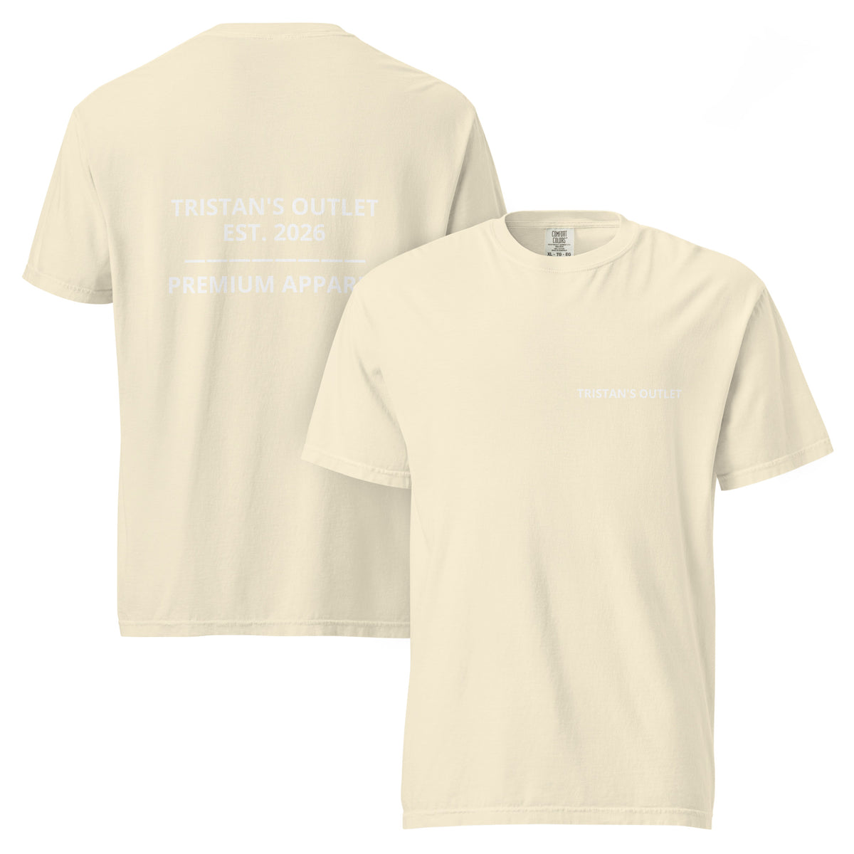 Unisex Tristan's Outlet heavyweight garment-dyed ivory T-shirt with front and back views, soft and durable casual tee.