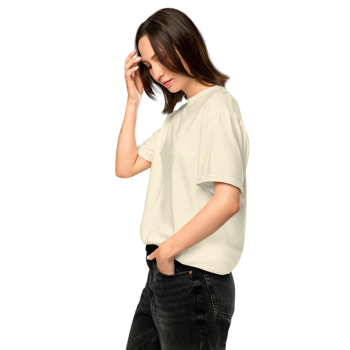 Unisex Tristan's Outlet Signature Tee in ivory, garment-dyed heavyweight cotton, displayed flat with front view.