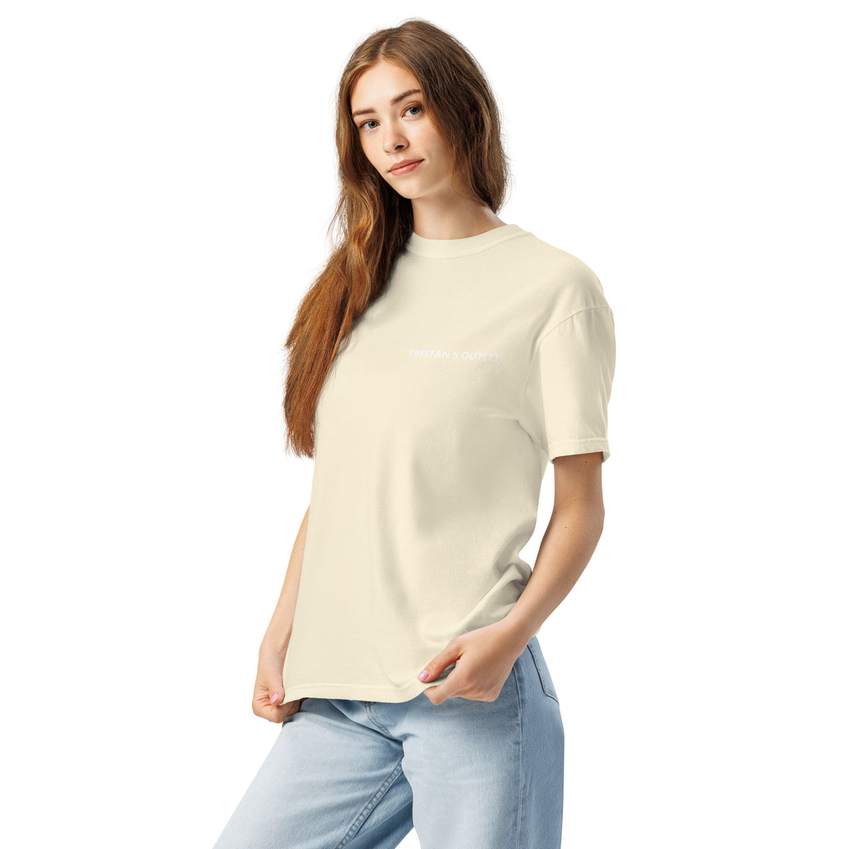 Unisex ivory heavyweight T-shirt by Tristan's Outlet, featuring a garment-dyed finish and a left-front design.