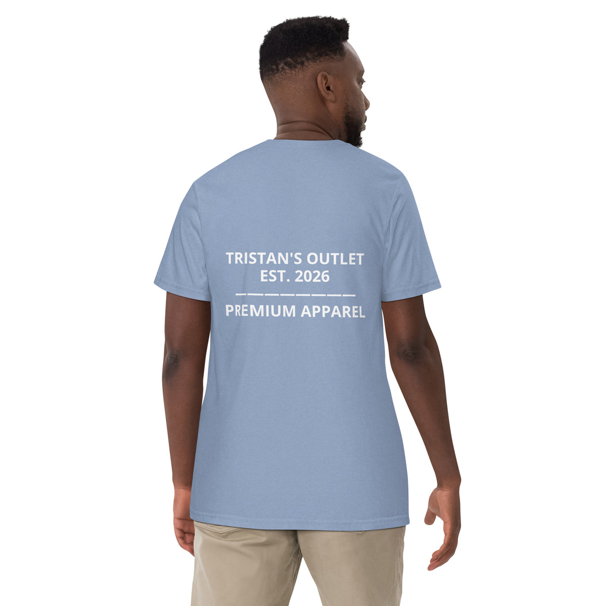 Unisex Tristan's Outlet Signature T-Shirt in washed denim, made from heavyweight, garment-dyed fabric, showing the back view.