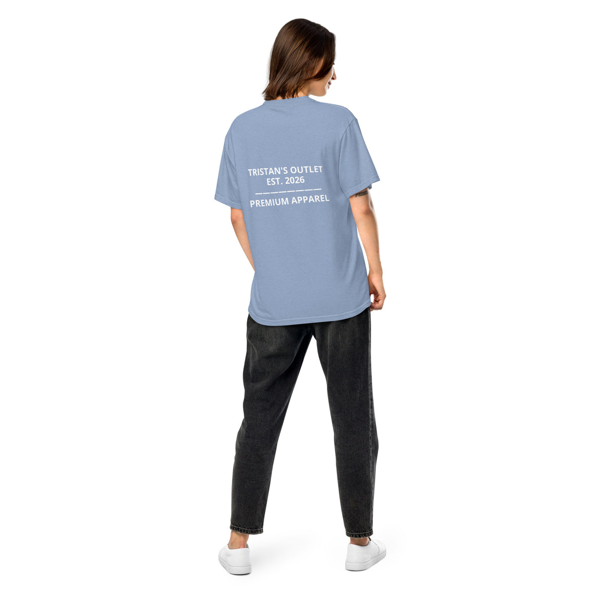 Unisex Tristan's Outlet Signature Tee in washed denim, heavyweight garment-dyed T-shirt with back design and casual fit.