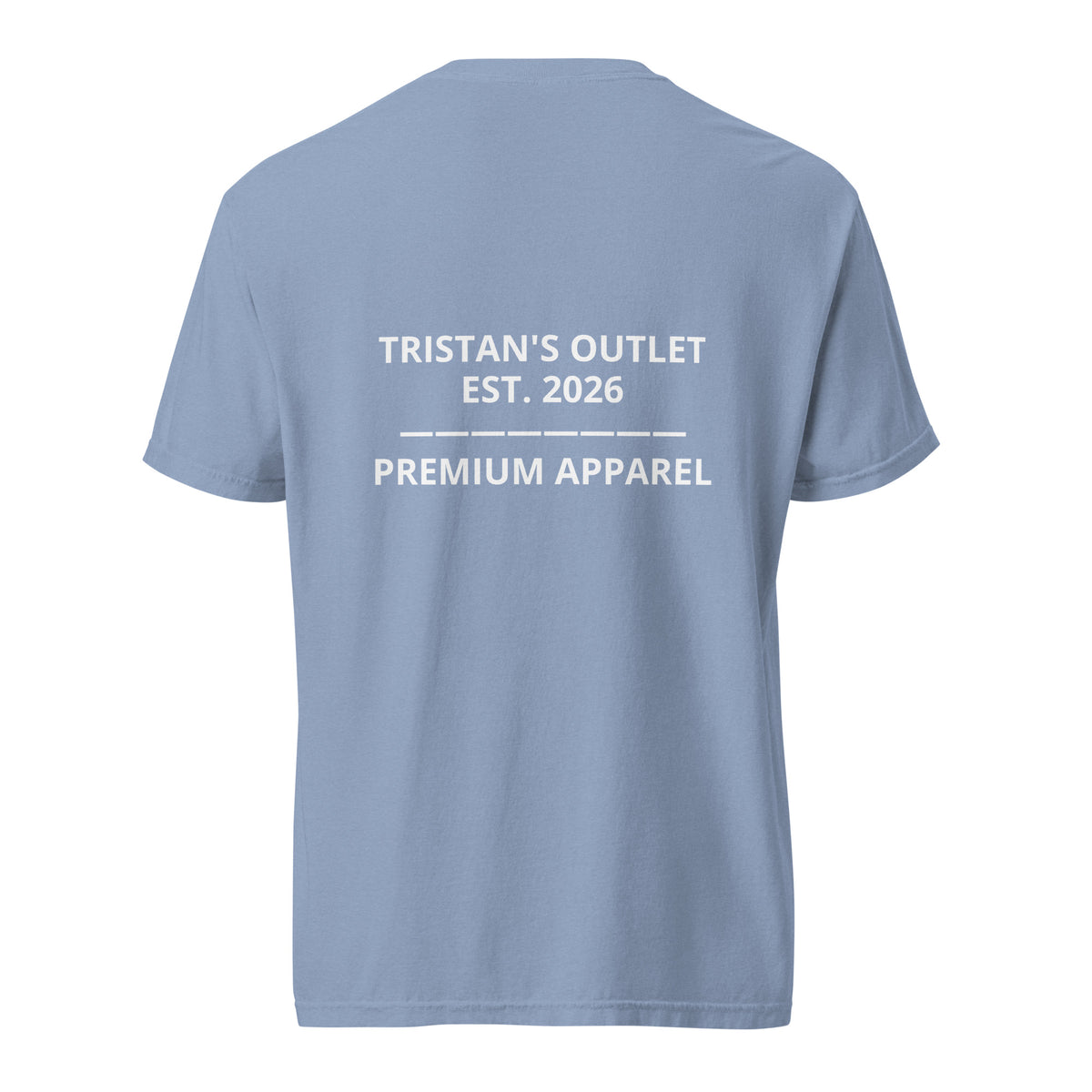 Unisex Garment-Dyed Heavyweight T-Shirt in washed denim, featuring a relaxed fit and soft, durable fabric from Tristan's Outlet.