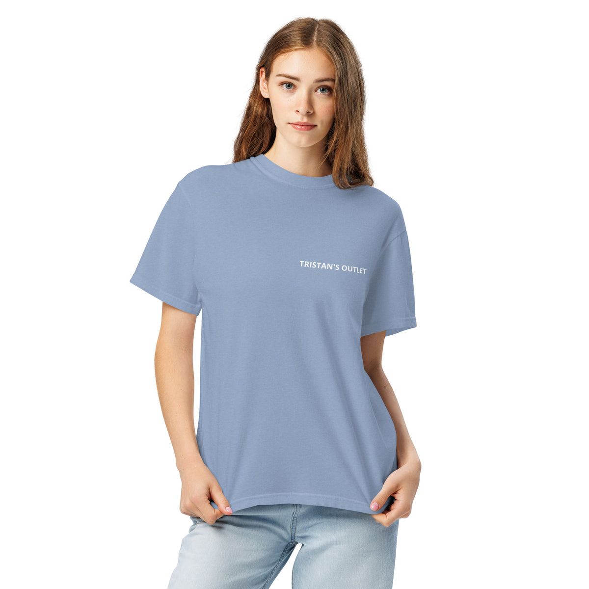 Unisex garment-dyed heavyweight T-shirt by Tristan's Outlet in washed denim, front view showcasing soft fabric and casual fit.