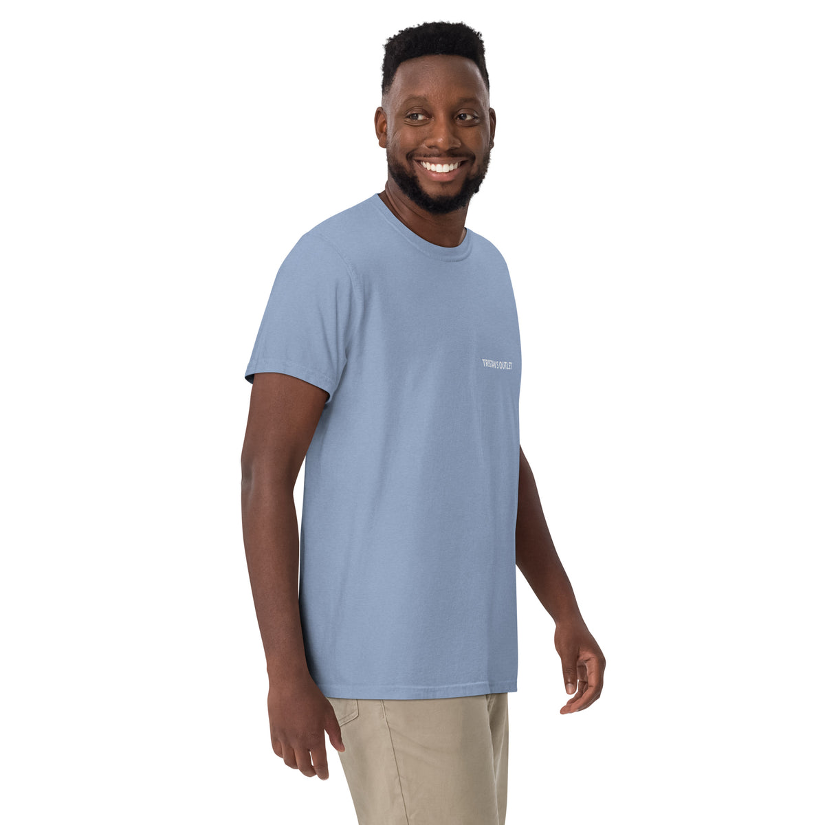 Unisex Tristan's Outlet Signature Tee in washed denim, garment-dyed heavyweight T-shirt, front view showing soft, durable fabric.