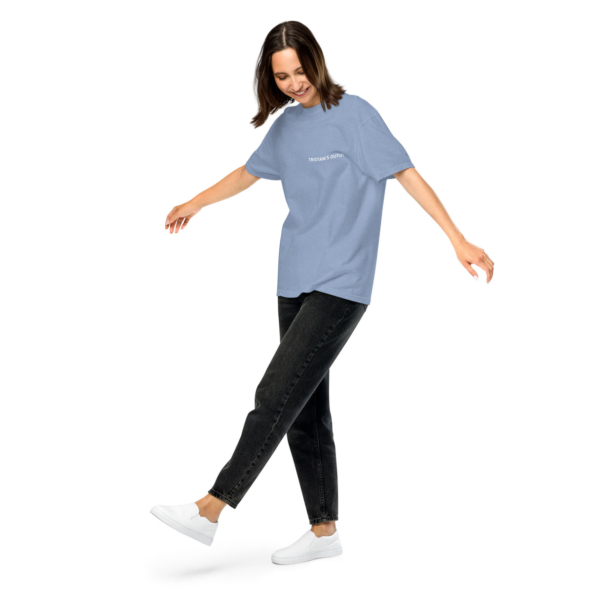 Unisex garment-dyed heavyweight Tristan's Outlet Signature Tee in washed denim, front view showing classic crew neck and relaxed fit.