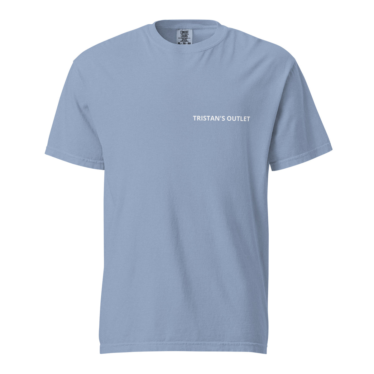 Unisex Tristan's Outlet Signature Tee, garment-dyed heavyweight T-shirt in washed denim, front view showing soft fabric and classic fit.