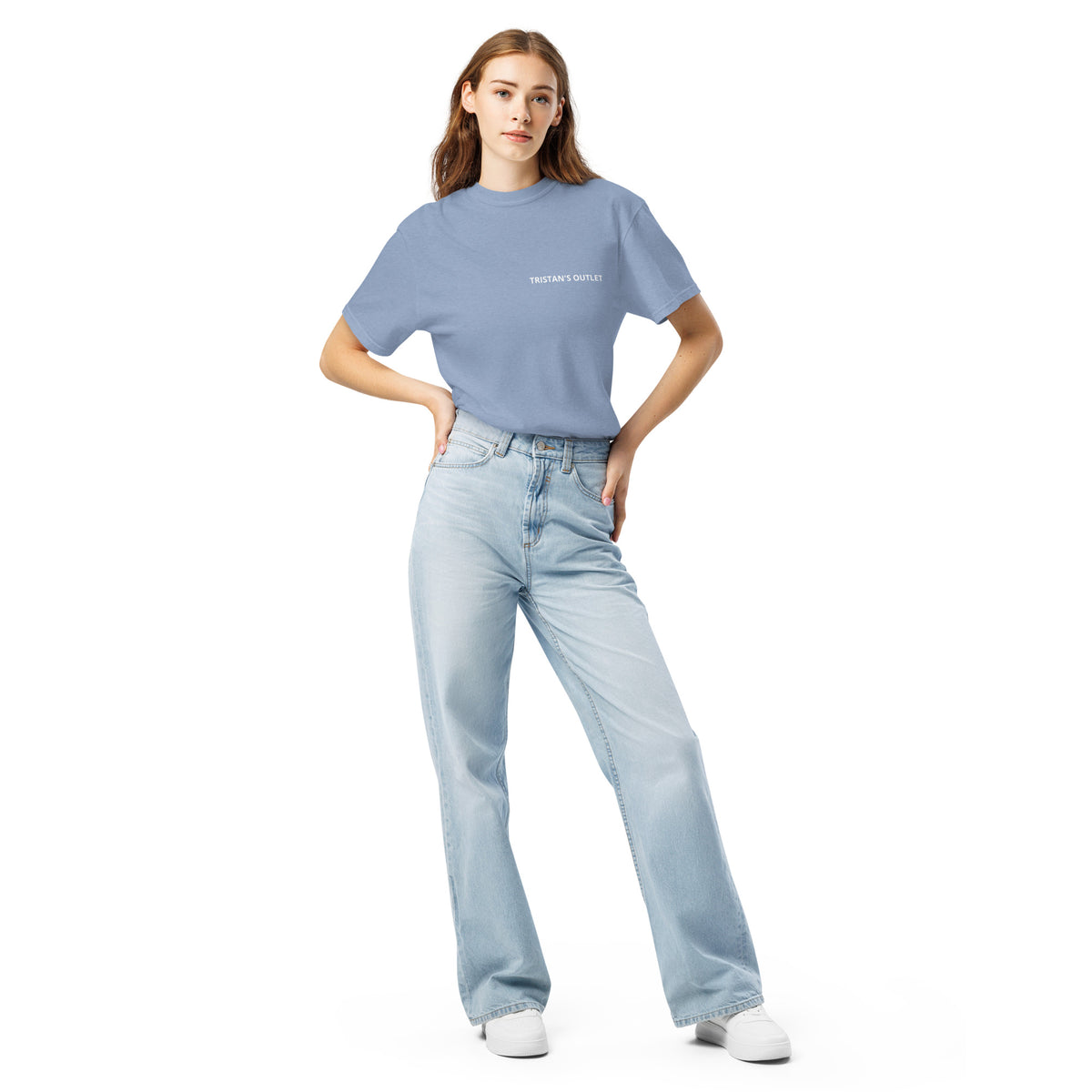 Unisex garment-dyed heavyweight Tristan's Outlet Signature Tee in washed denim with a front view.