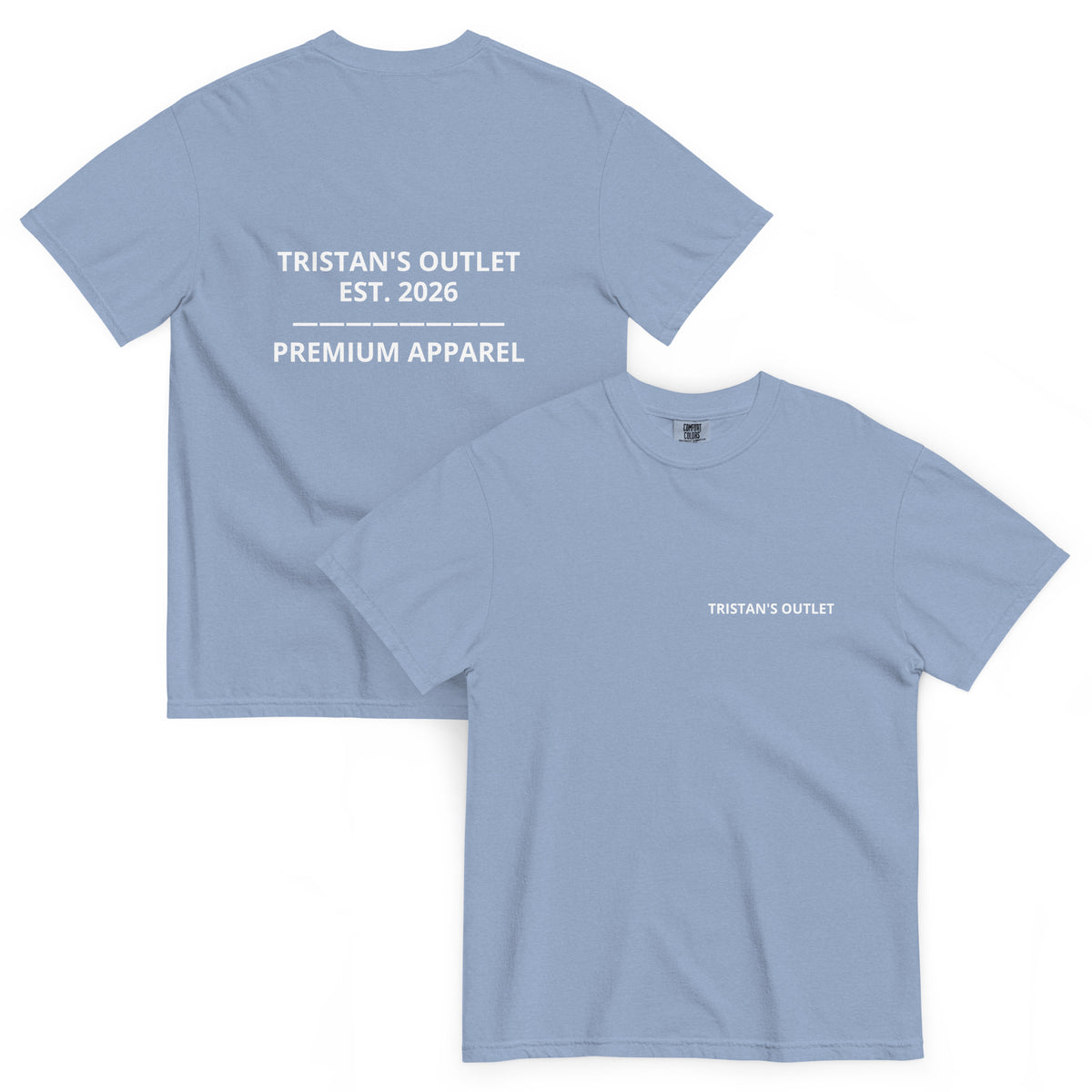 Unisex Tristan's Outlet Signature T-Shirt in washed denim, front and back view, made from heavyweight, garment-dyed fabric.