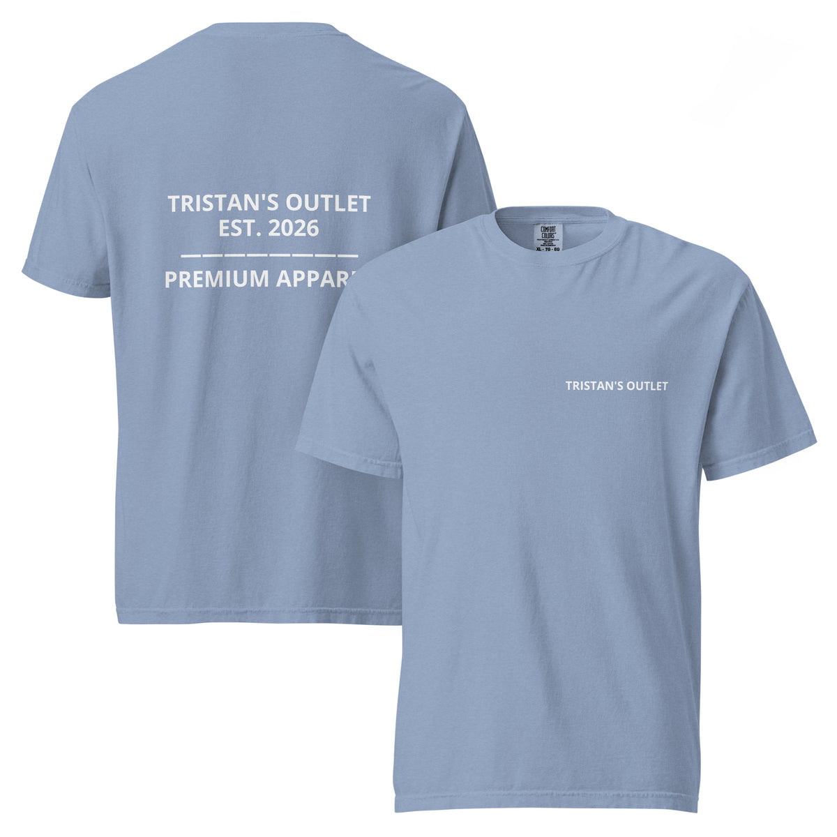 Unisex garment-dyed heavyweight Tristan's Outlet Signature Tee in washed denim, front and back view.