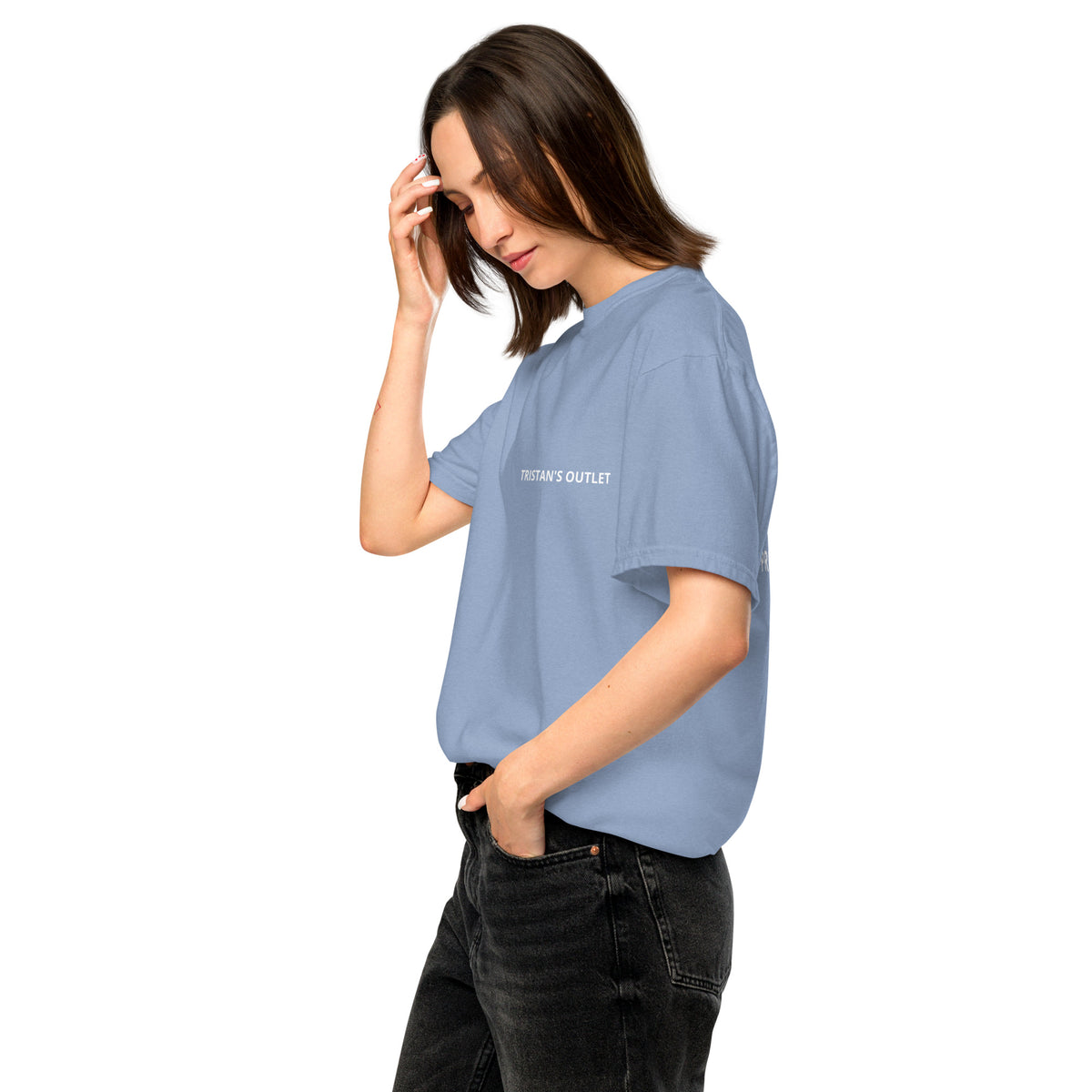 Unisex Tristan's Outlet Signature Tee in washed denim, garment-dyed heavyweight T-shirt with a casual fit and soft fabric.