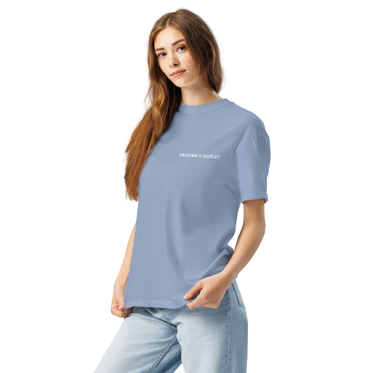 Unisex garment-dyed heavyweight Tristan's Outlet Signature Tee in washed denim, front view, casual T-shirt with soft, durable fabric.