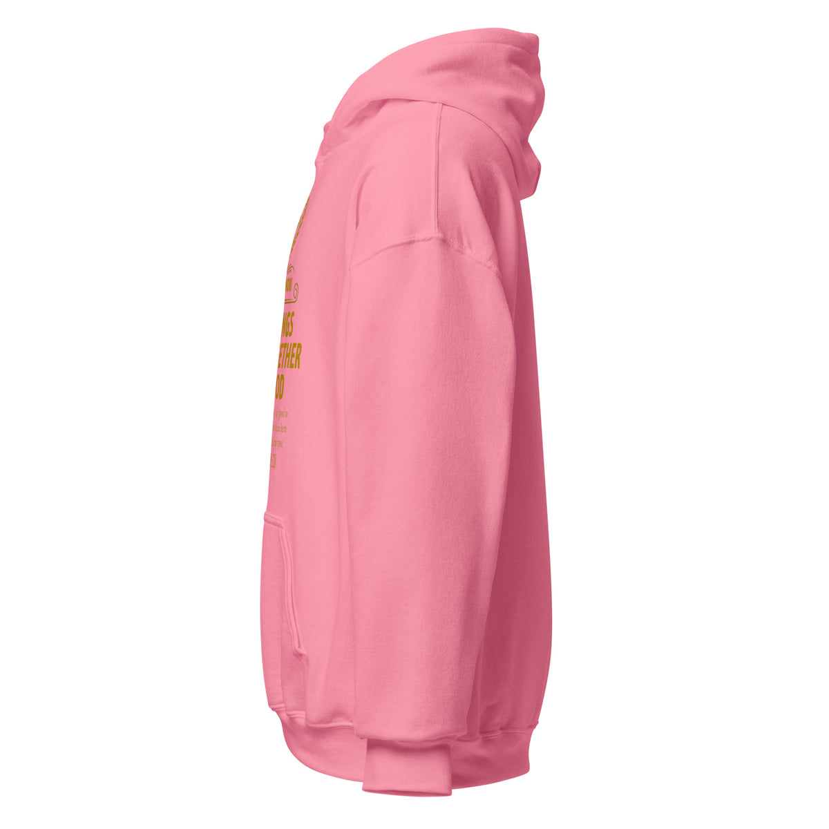 Azalea pink unisex hoodie featuring Romans 8:28 quote, heavy blend fabric, casual style, by Tristan's Outlet.