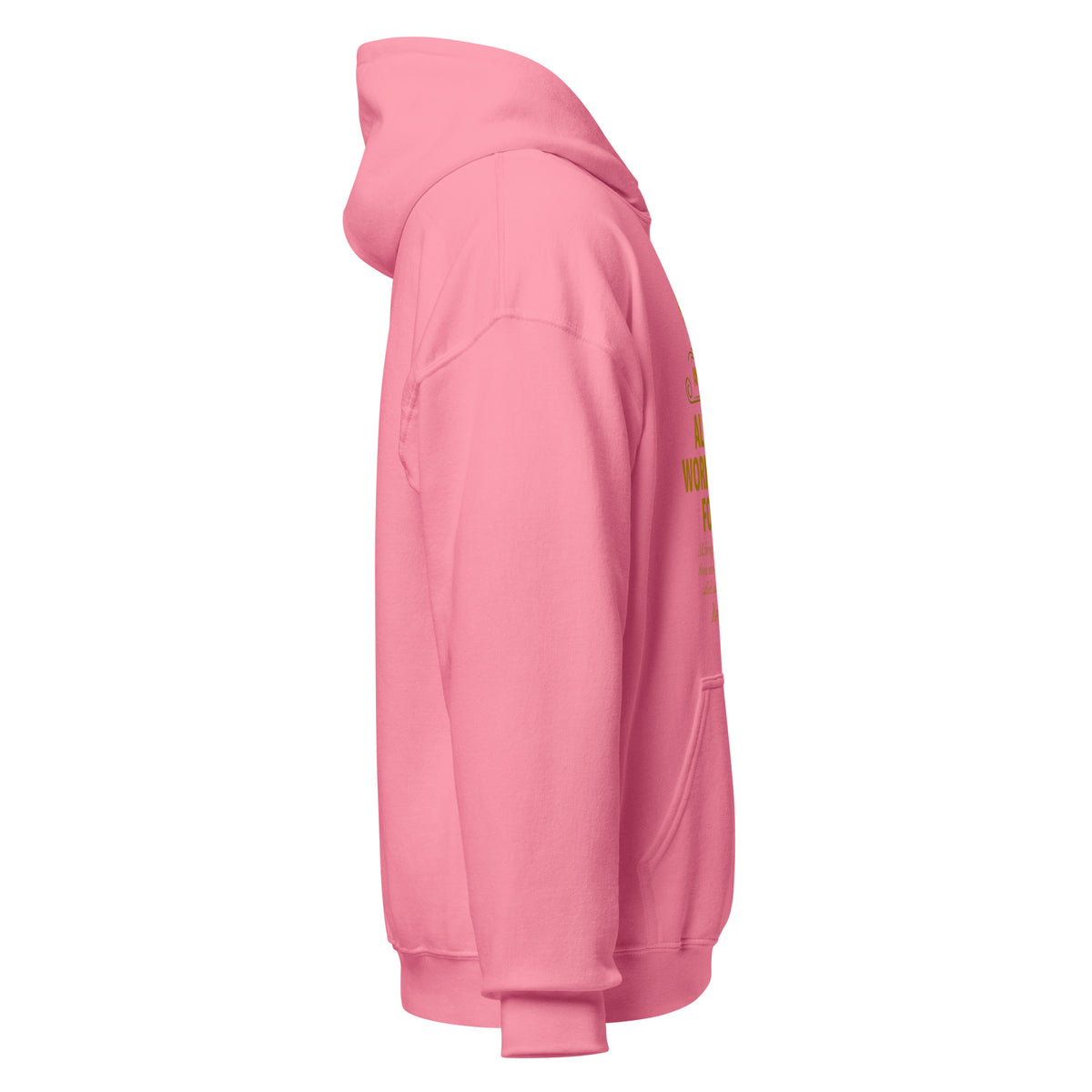 Unisex Romans 8:28 hoodie in azalea pink with scripture print, made by Tristan's Outlet, showing front view of the heavy-blend hoodie.