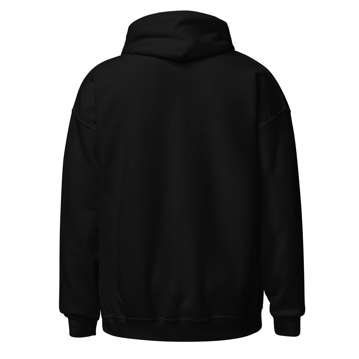 Black unisex Romans 8:28 hoodie by Tristan's Outlet, showing the back design with scripture quote in a comfortable, heavy-blend fabric.