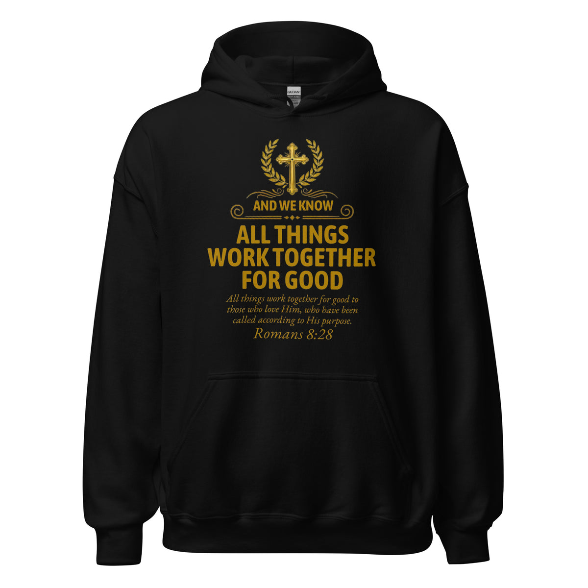 Black unisex hoodie featuring Romans 8:28 Bible verse design from Tristan's Outlet, made of heavy blend fabric.