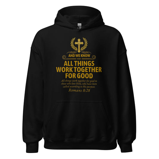 Black unisex hoodie featuring Romans 8:28 Bible verse design from Tristan's Outlet, made of heavy blend fabric.