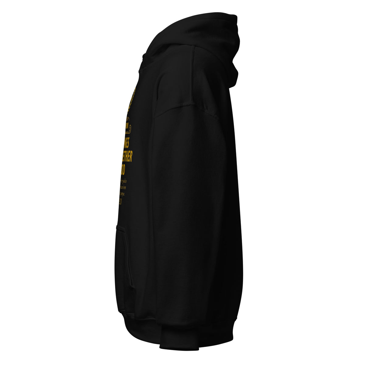 Black unisex hoodie with Romans 8:28 quote in white text, featuring a comfortable heavy-blend fabric and classic hoodie design.